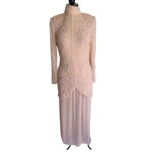 Judith Ann Creations Vintage Womens Skirt & Top Set Size S Silk Pearl Bead Pink